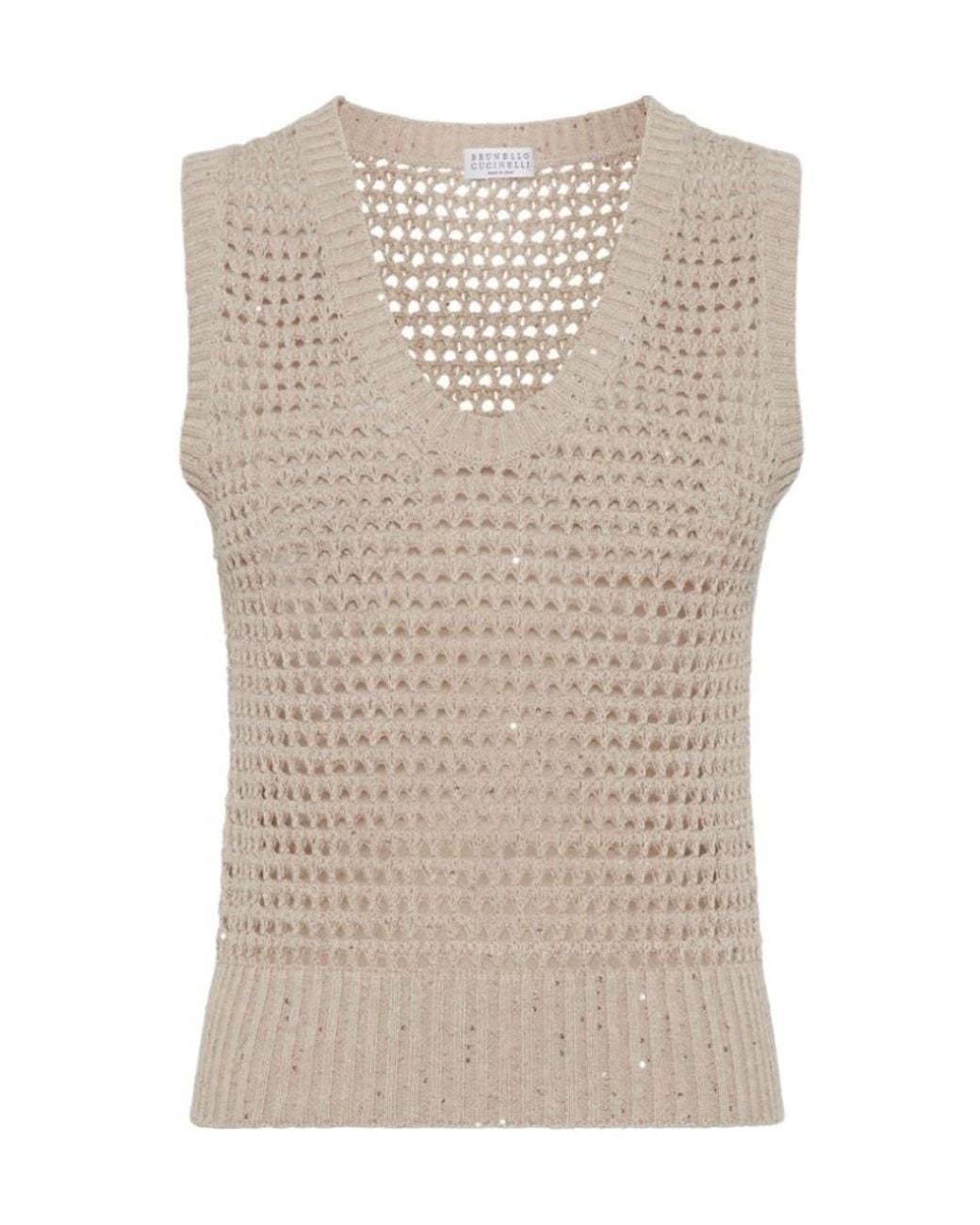 Brunello Cucinelli Natural Sequin Embellished Open Knitted Vest