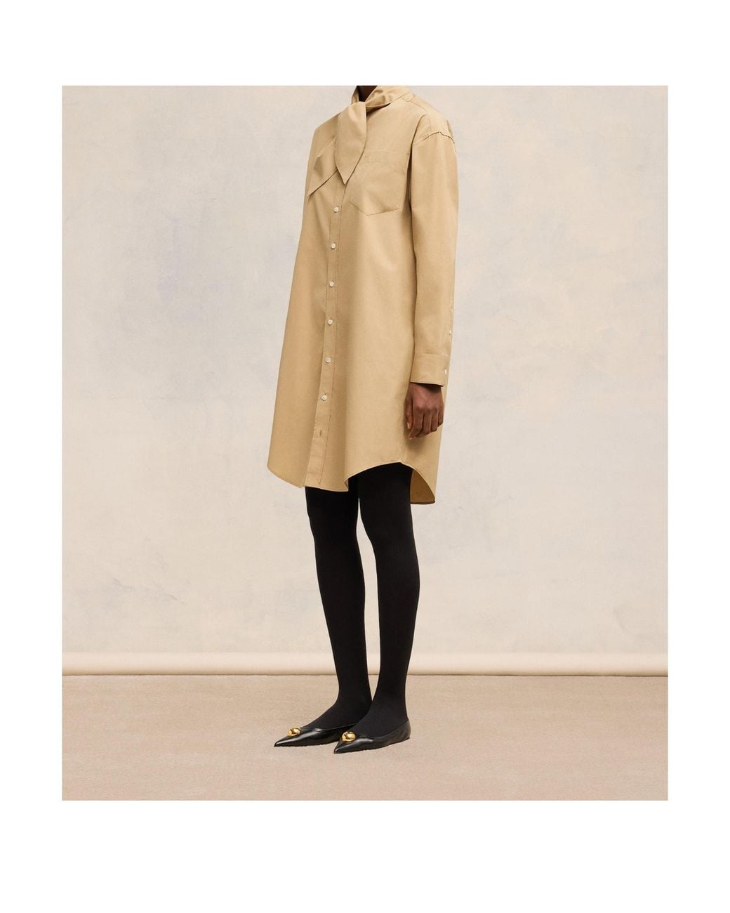 AMI Natural Scarf-Collar Cotton Shirt Dress