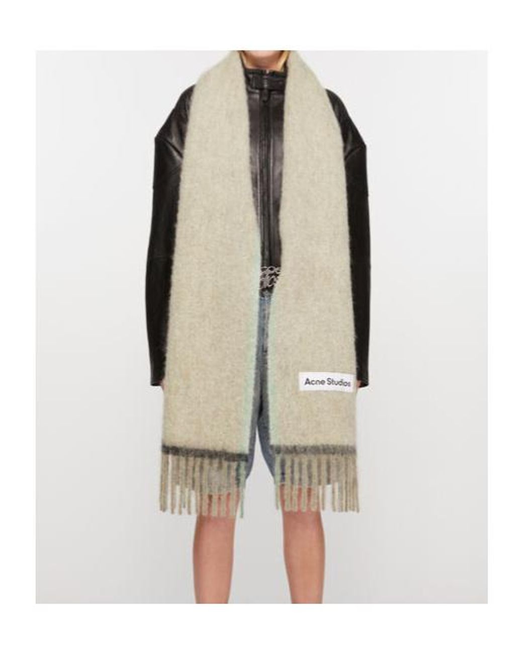 Acne White Logo Patch Fringed-Edge Scarf