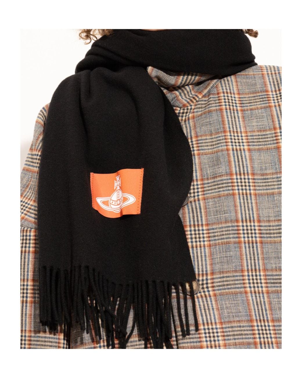 Vivienne Westwood Black Logo-Patch Fringed Scarf for men