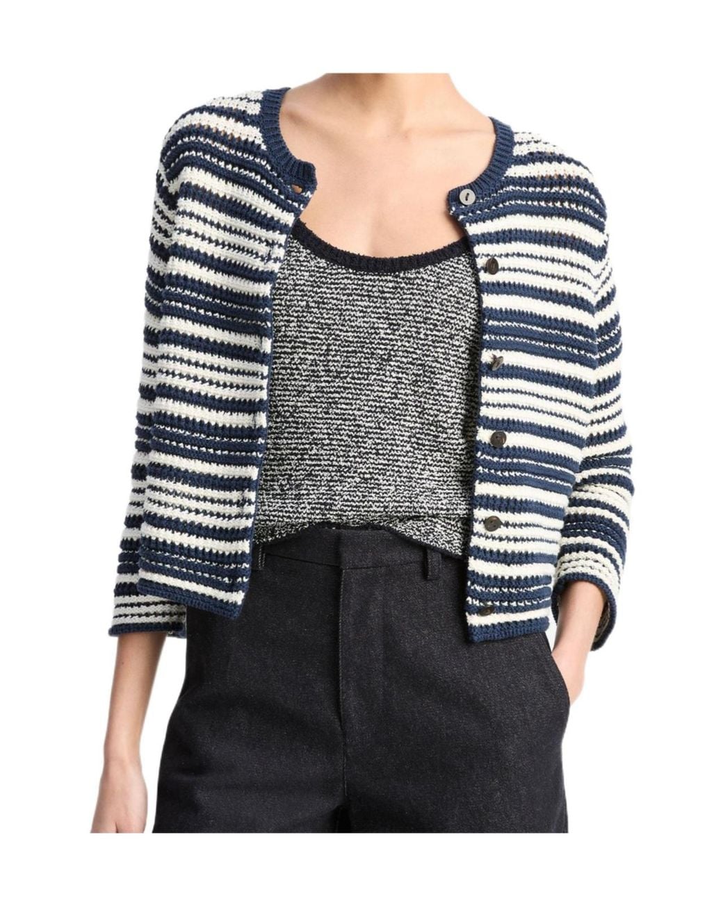 Vince Gray Striped Buttoned Cardigan