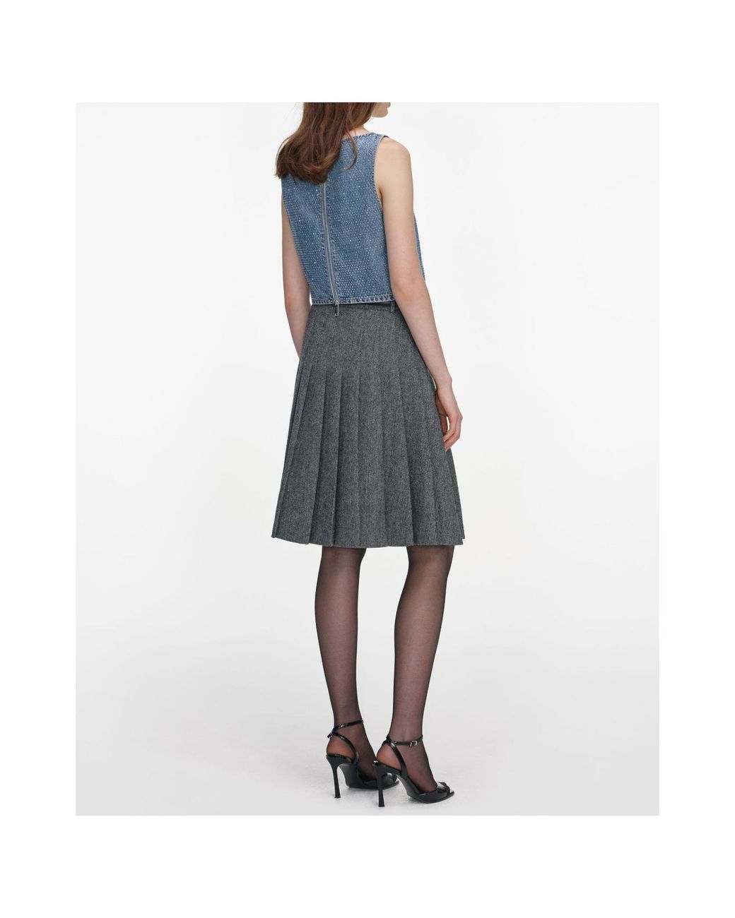 Self-Portrait Gray Herringbone Pleated Midi Skirt