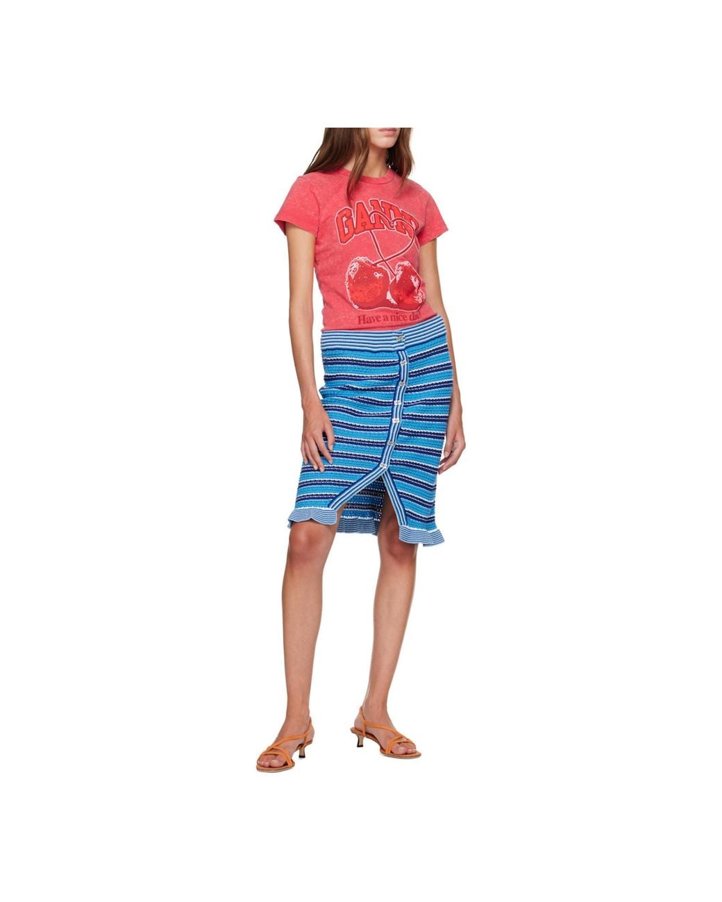 Ganni Blue Striped Ruffled Midi Skirt