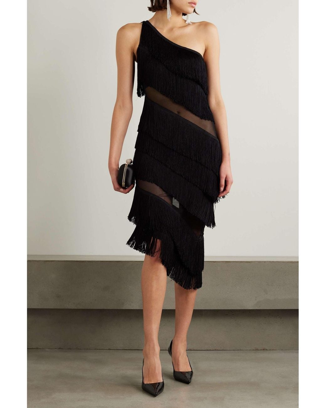 Norma Kamali Black One-Shoulder Tassel Dress