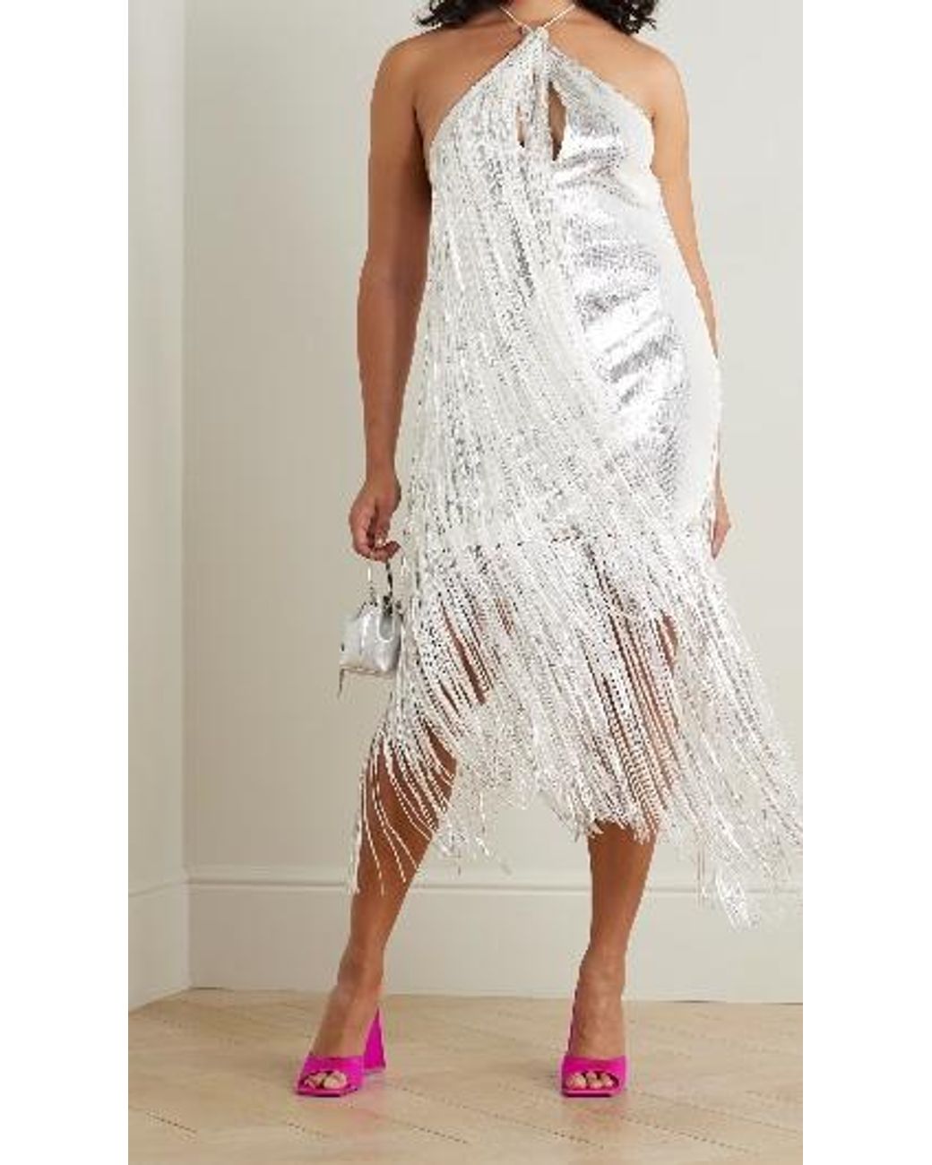 ROTATE BIRGER CHRISTENSEN White Ribbon Sequined Crepe Chiffon Neckline Mini Dress