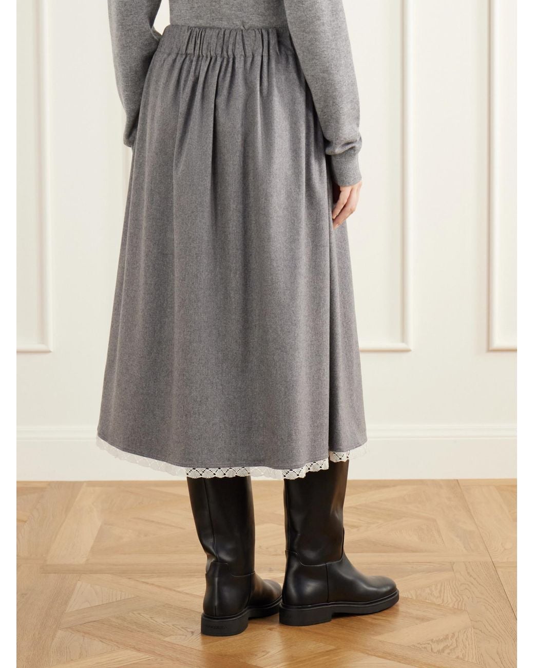 Maria McManus Gray Lace-Trimmed Wool Flannel Midi Skirt