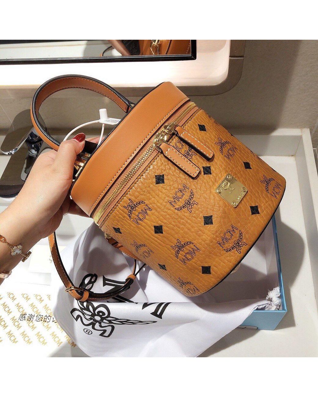 MCM Brown Cylinder Bucket Bag