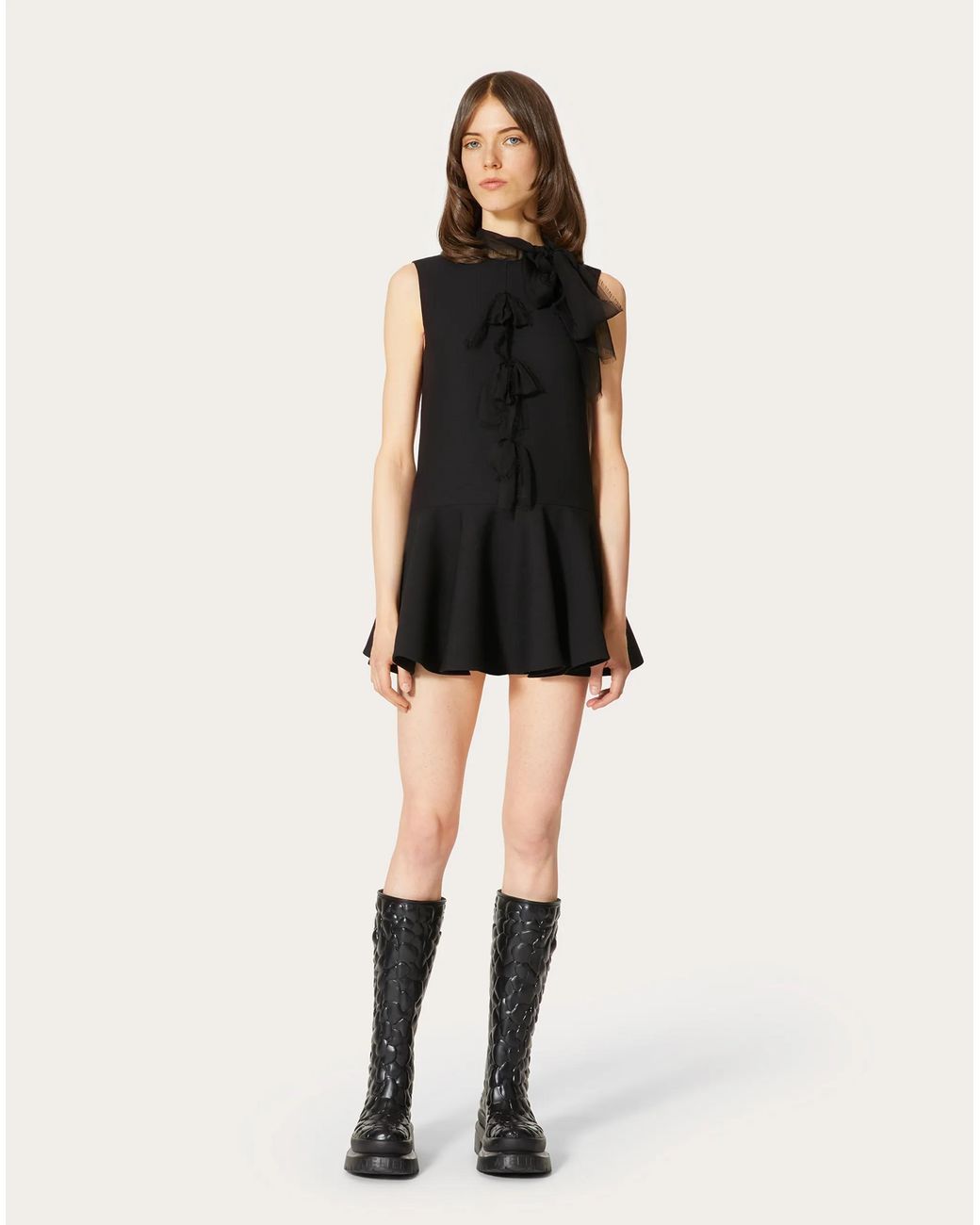 Valentino Black Pussybow-Collar Ruffle-Detail Shift Dress