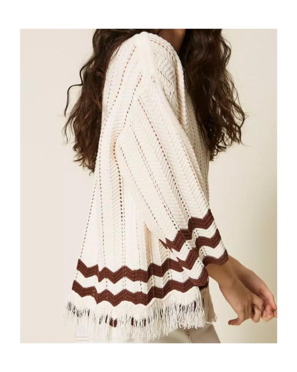 Twinset White Zig-Zag Detail And Fringes Jumper