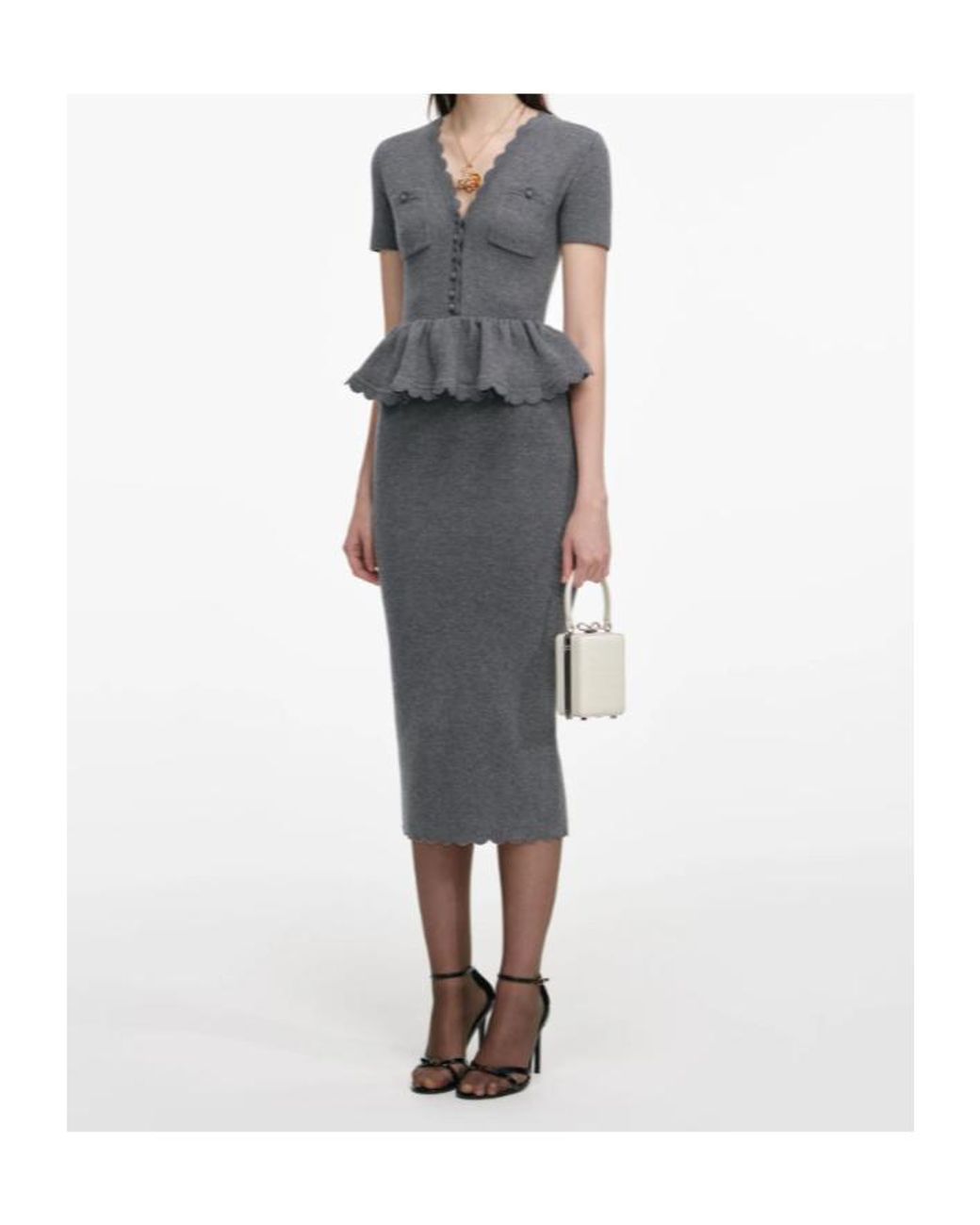 Self-Portrait Gray V-Neck Knit Midi Dress