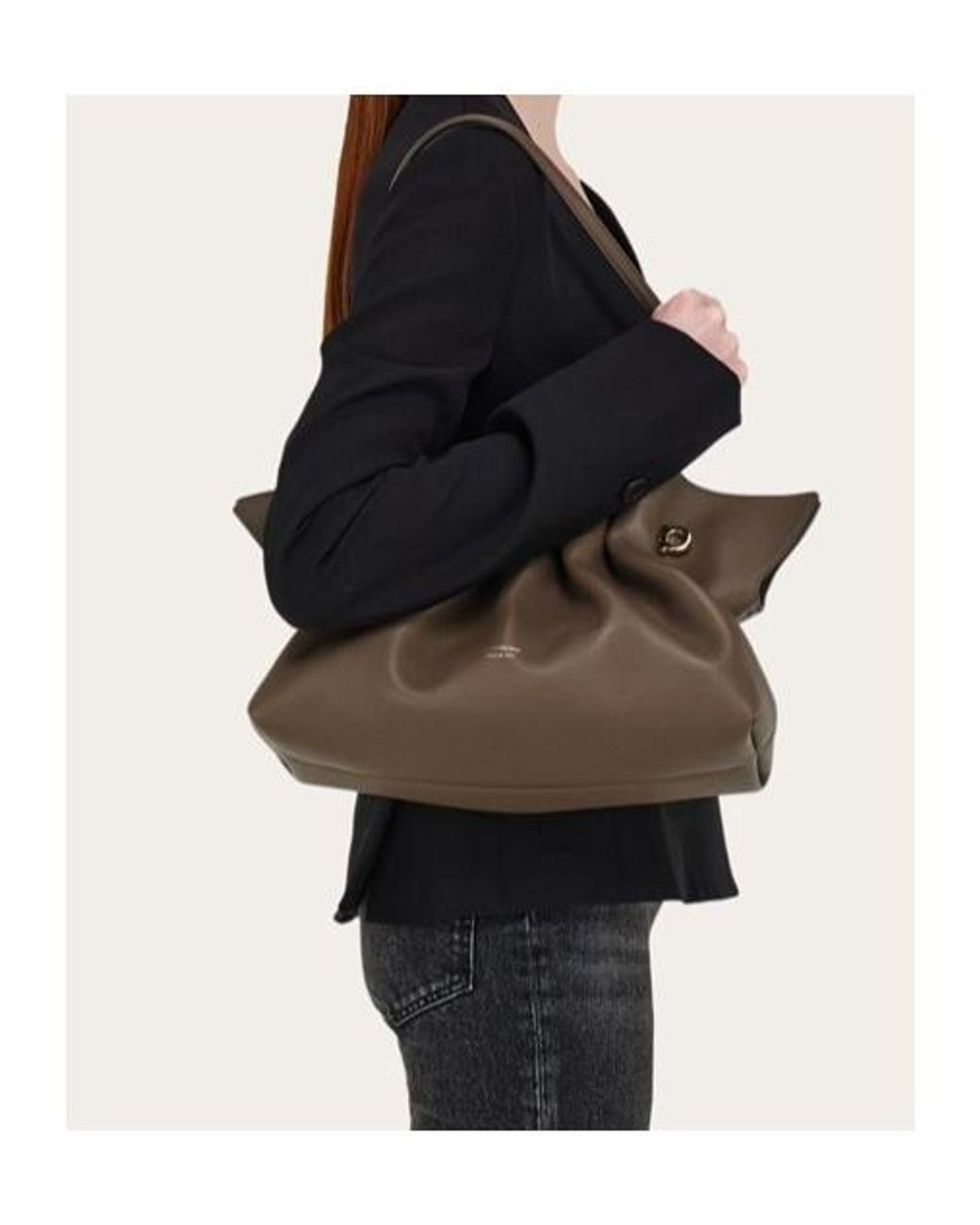 Ferragamo Brown Ferragamo Medium Soft Double-Gancini Gathered Shoulder Bag