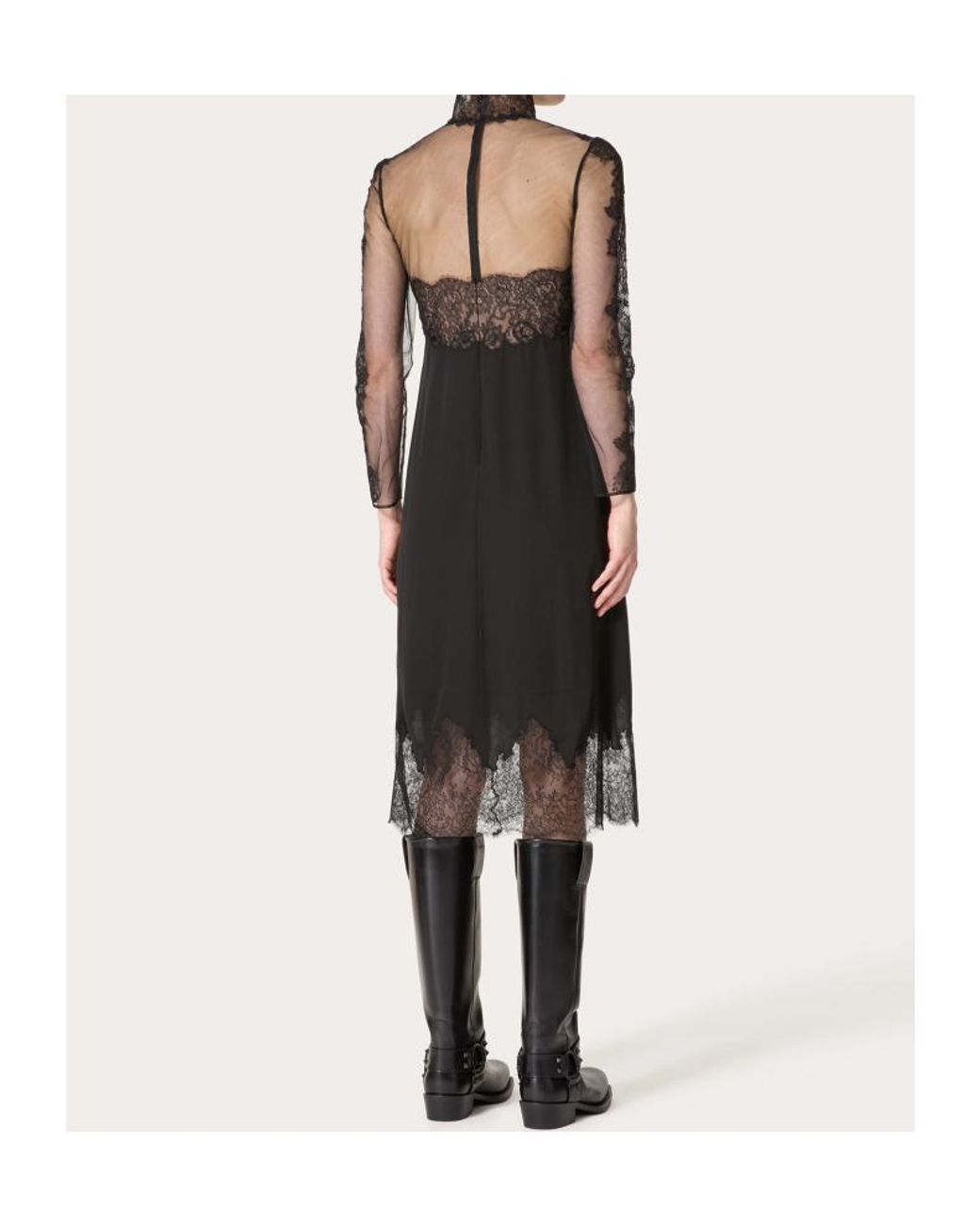 Valentino Black Laced High Neck Long-Sleeved Midi Dress