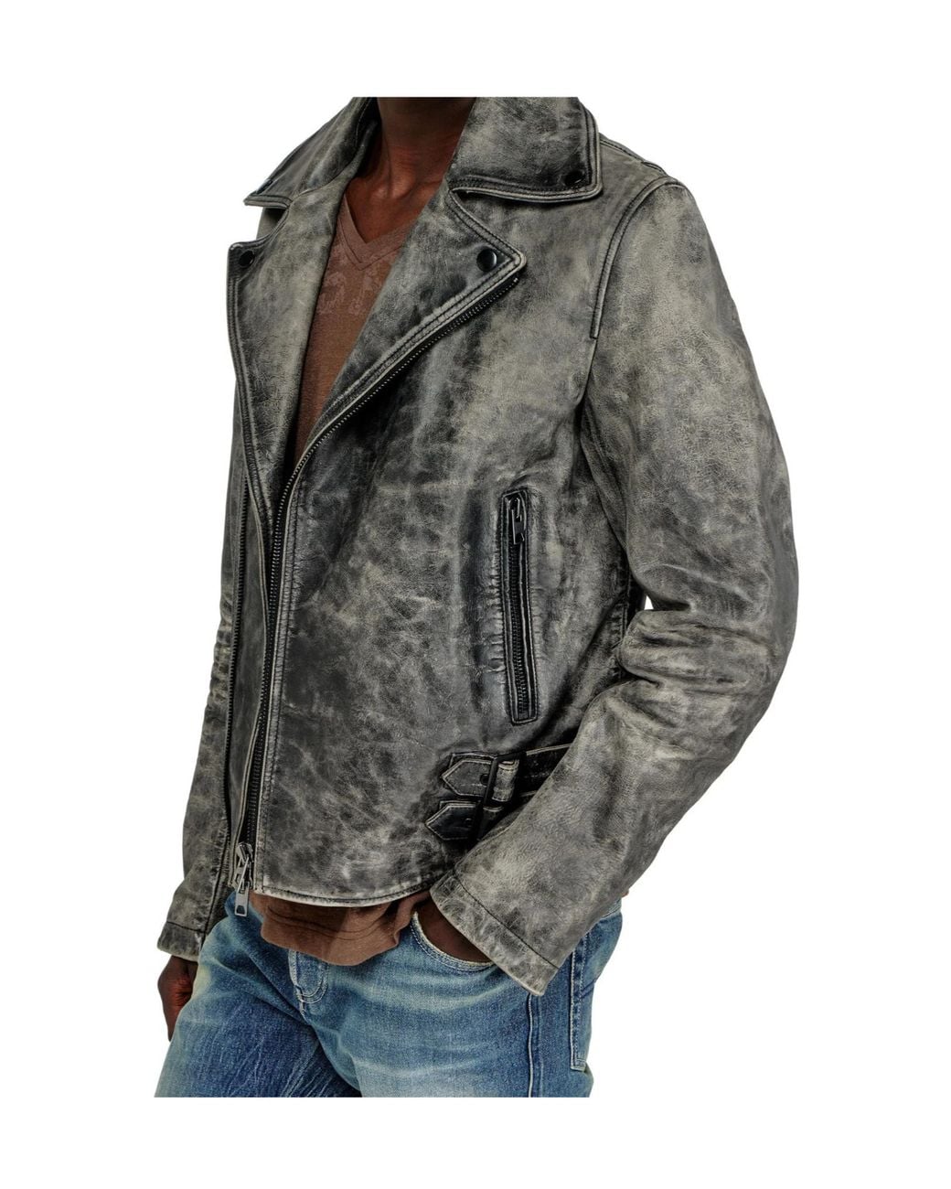 DIESEL Gray Apos;S Treated Leather Biker Jacket for men