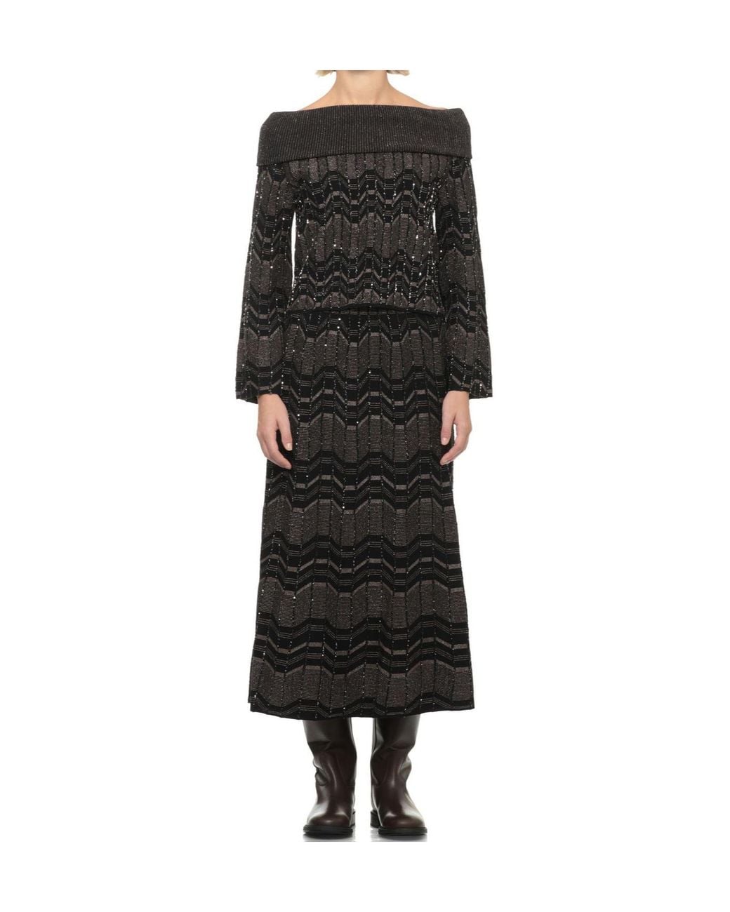 D.exterior Black Sequined Geometric Knitted Sweater