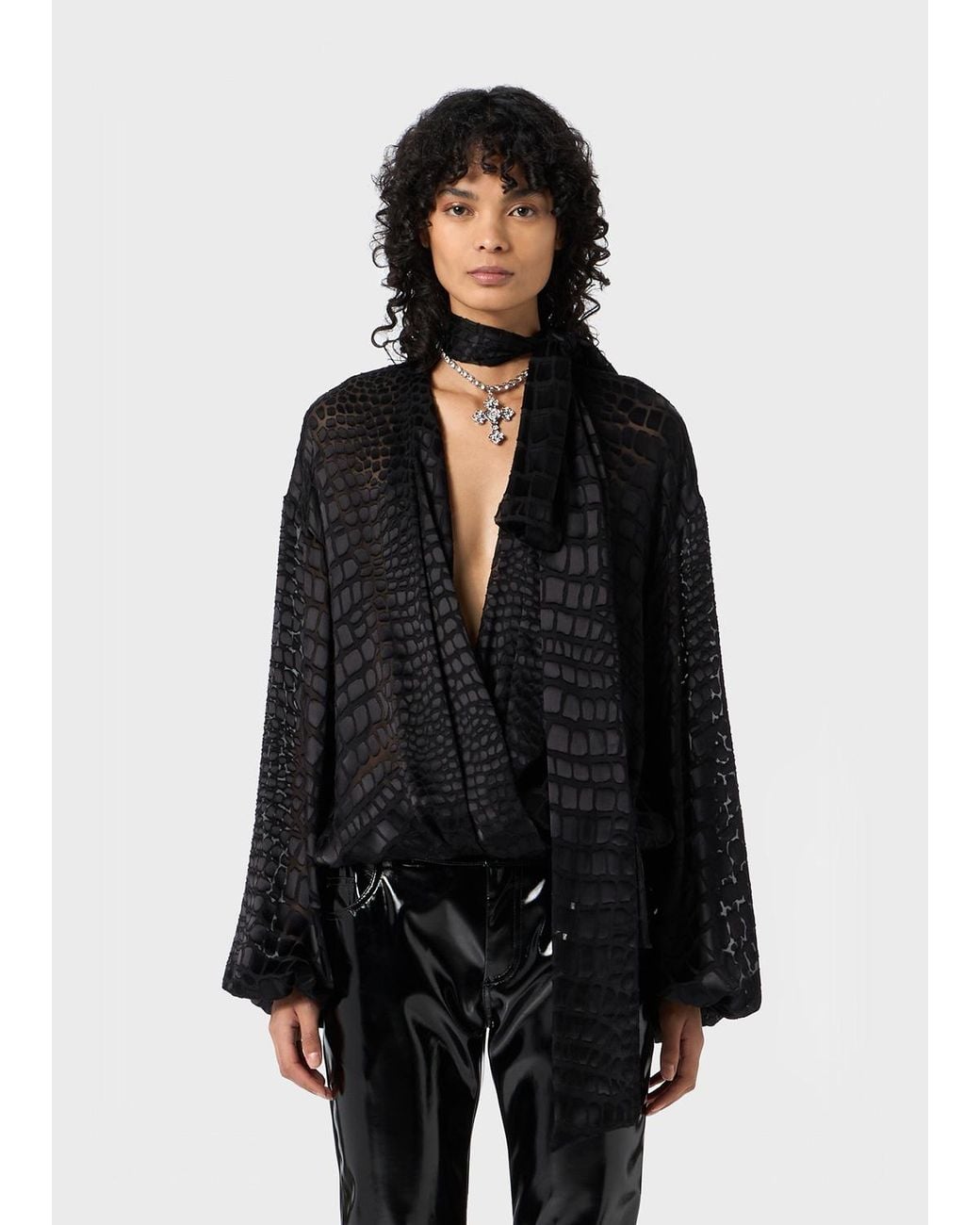 Blumarine Black Printed Devore Criss-Cross Blouse