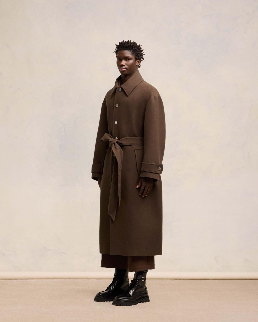 AMI Brown Belted Long Oversized Coat for men