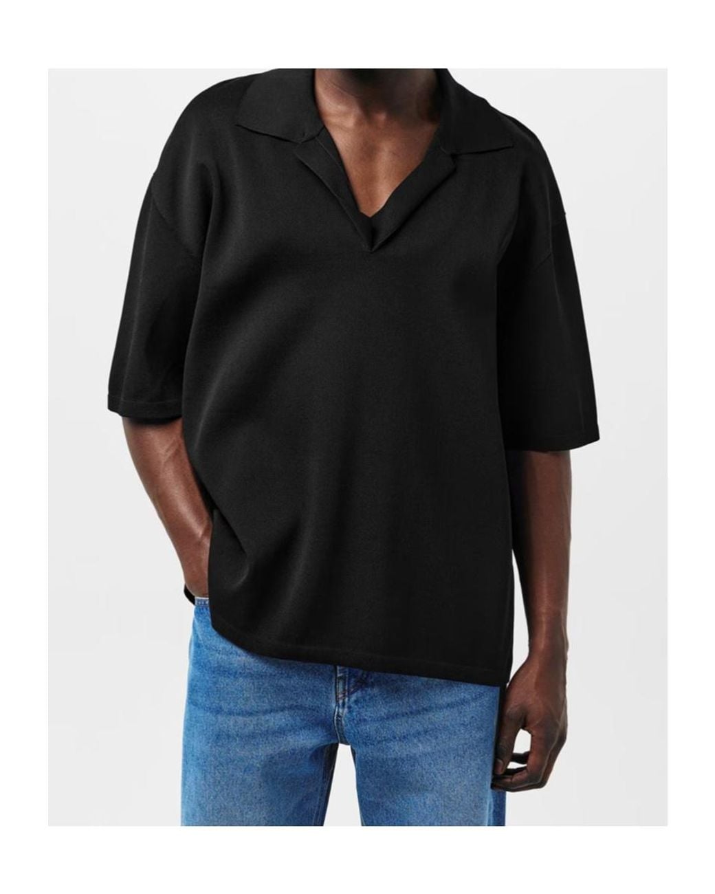 AMI Black Knitted Short-Sleeved Polo Shirt for men
