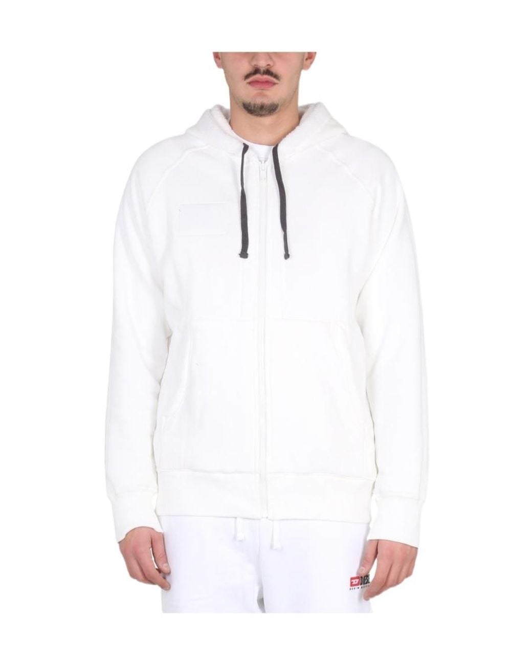 DIESEL White Logo Patch Drawstring Shearling Hoodie for men