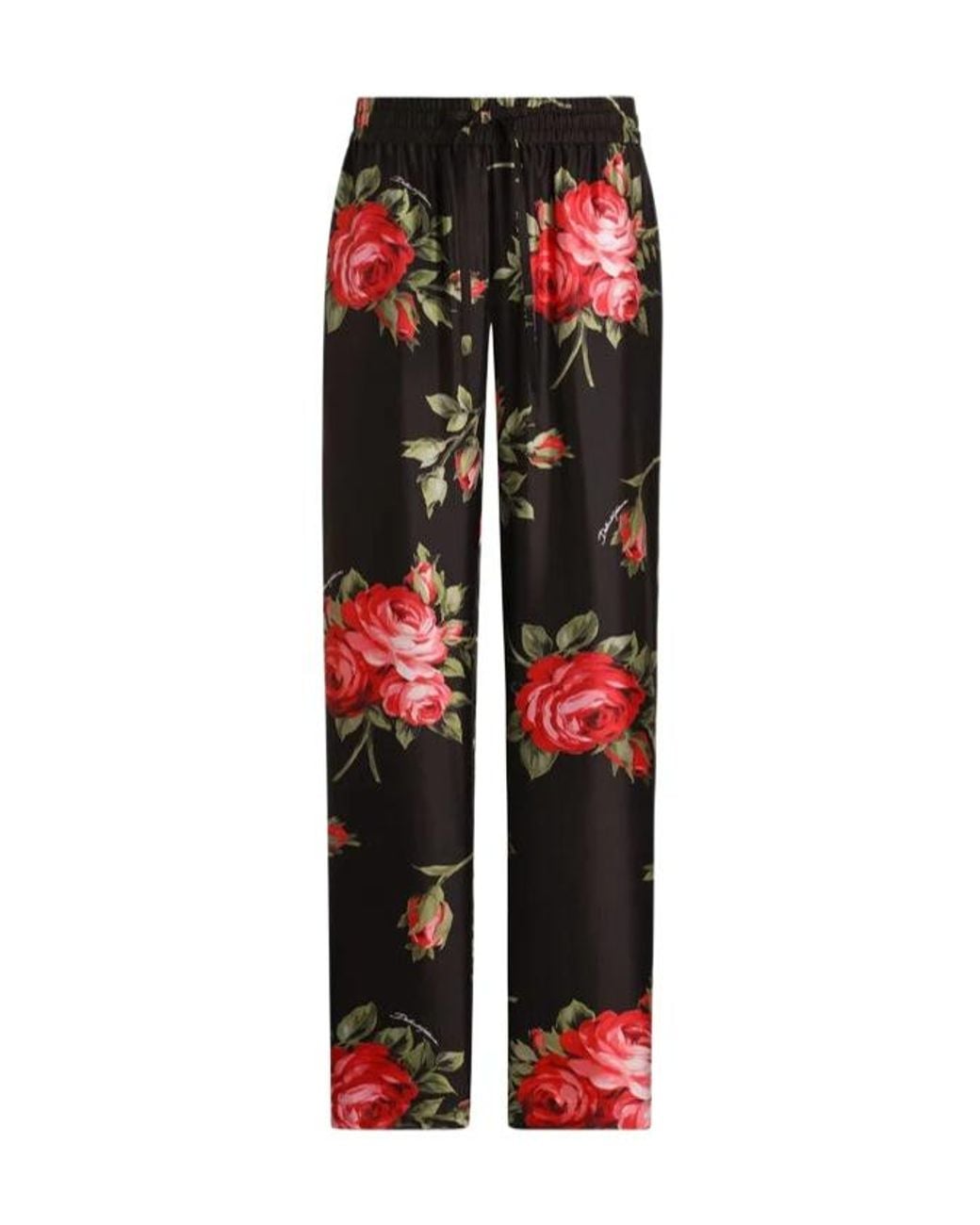 Dolce & Gabbana Red Satin Floral Drawstring Trousers