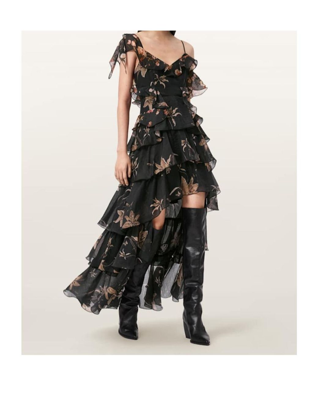 AllSaints Black Sienna Ruffled Floral-Print Midi Dress