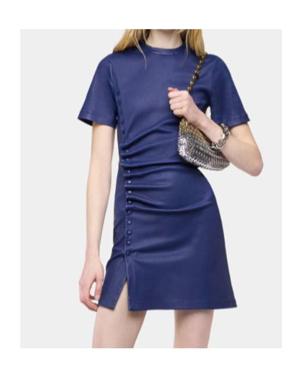 Rabanne Blue Ruched Snap-Button Mini Dress
