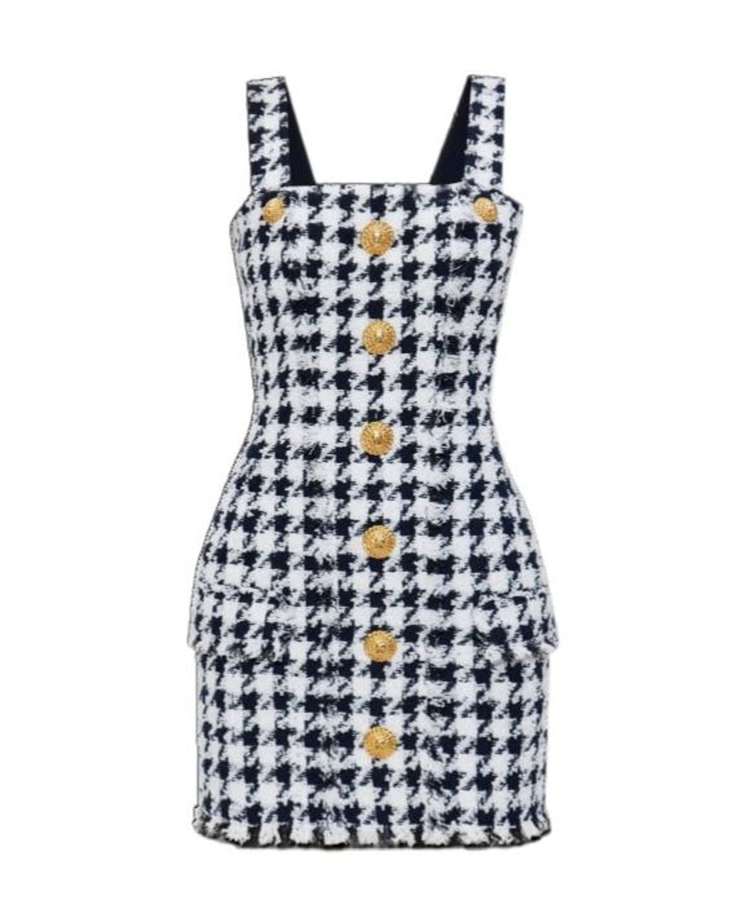 Balmain Blue Houndstooth Button Detailed Tweed Dress
