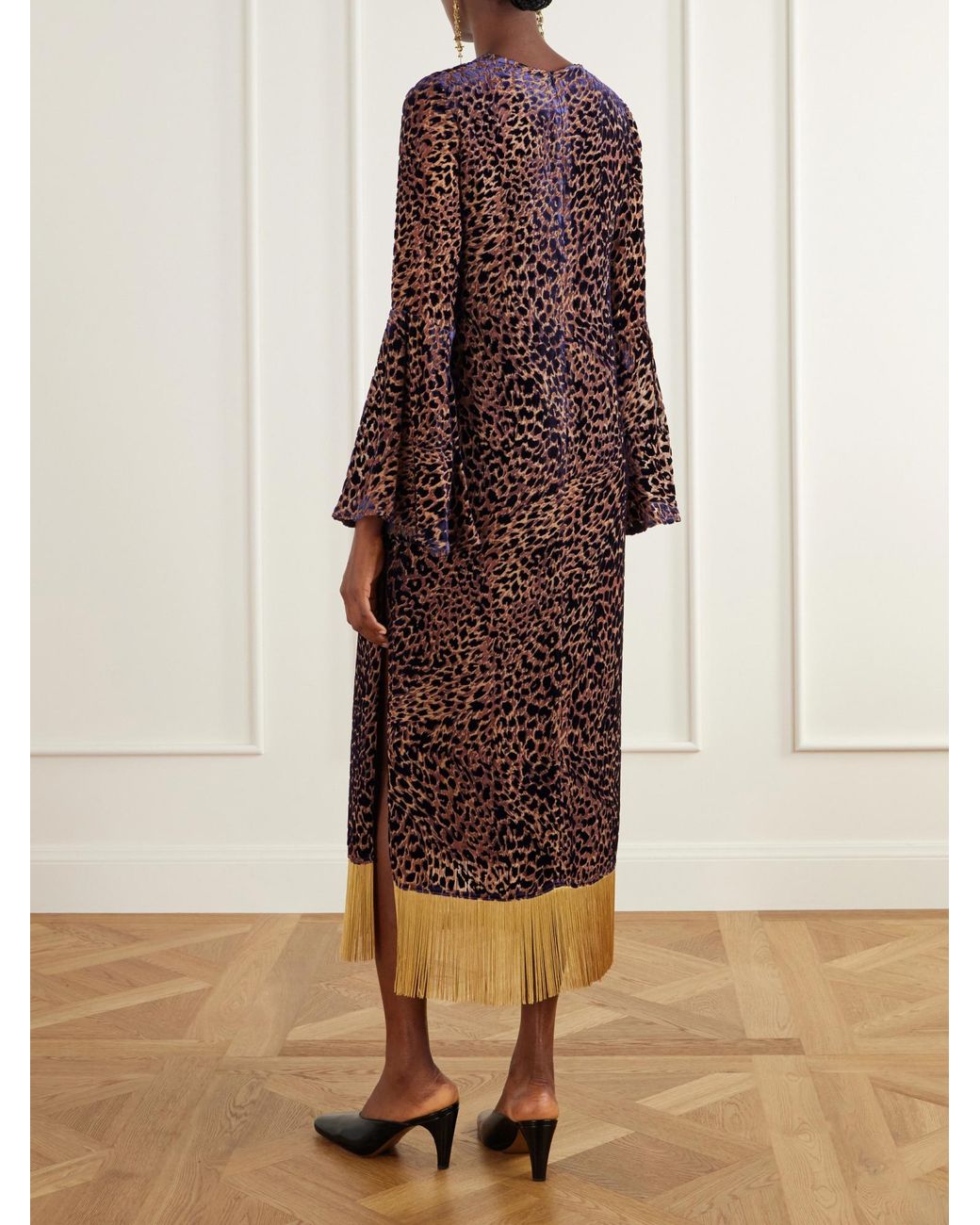 Borgo De Nor Brown Astoria Fringed Leopard-Jacquard Devoré Midi Dress