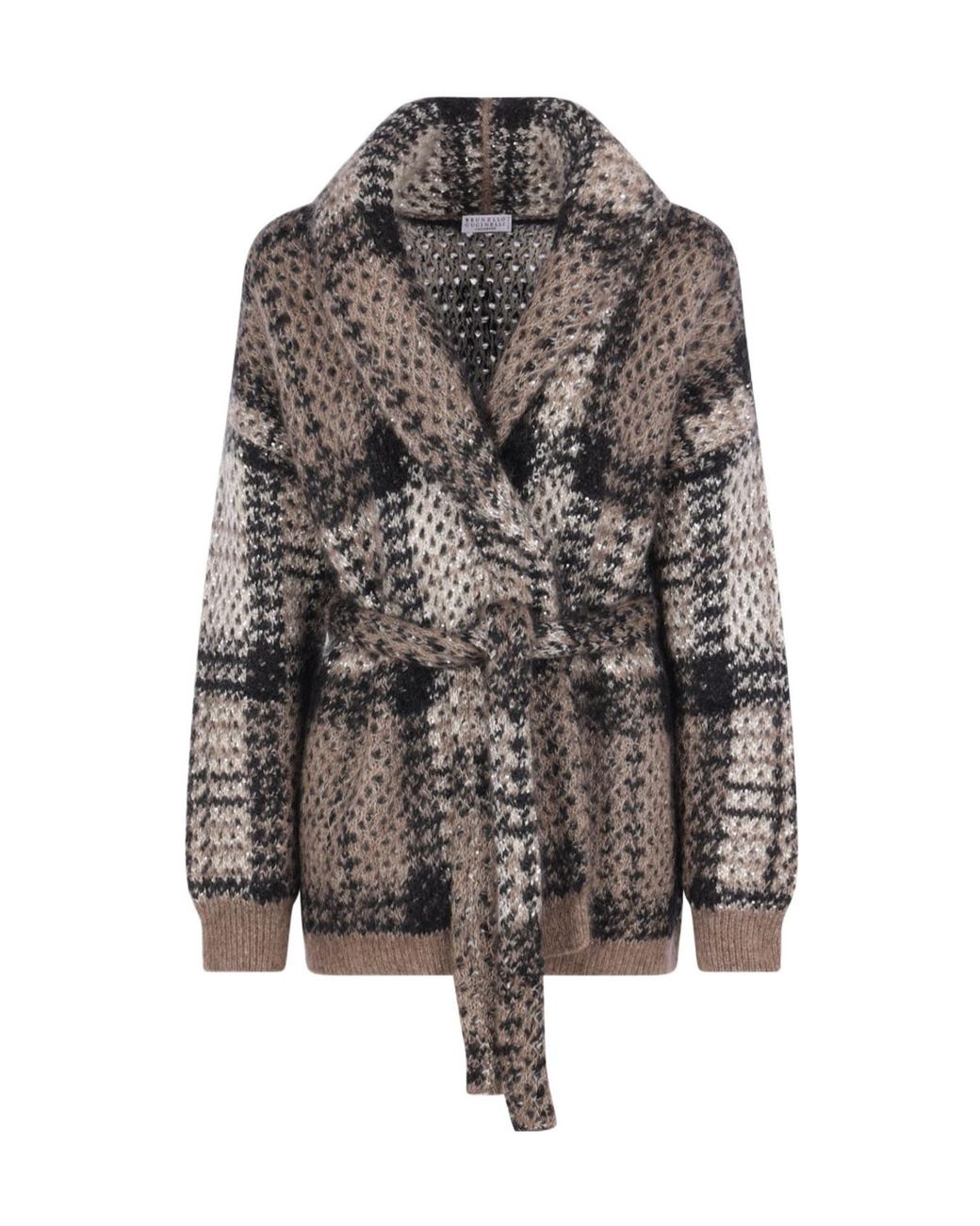 Brunello Cucinelli Gray Belted Jacquard Cardigan