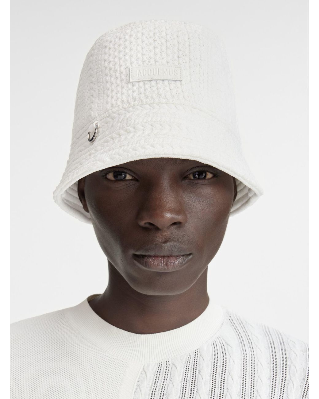 Jacquemus White Le Bob Belo Cable Knit Bucket Hat for men