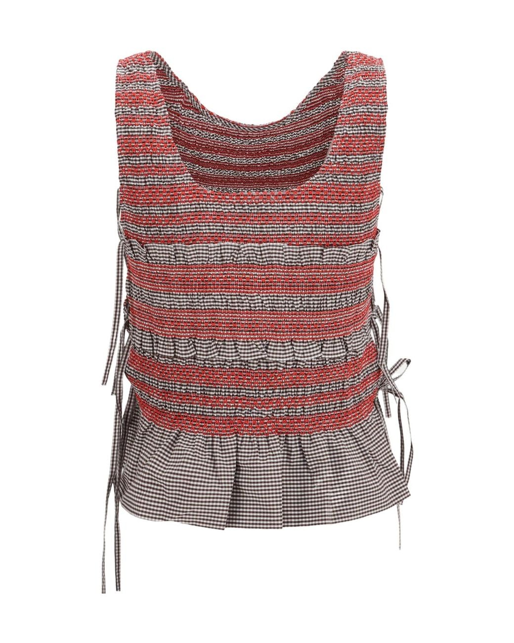 Ganni Red Elastic Printed Top With Ruching And Side Ties