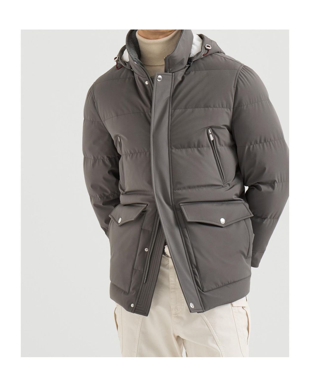 Brunello Cucinelli Natural Quilted Hooded Coat for men