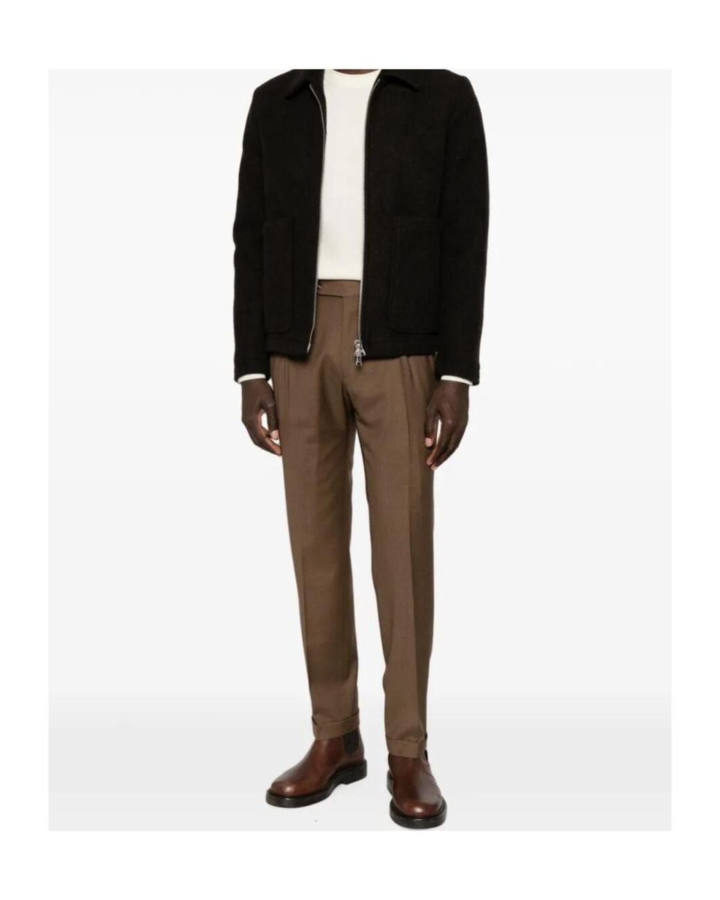 Berwich Brown Pleated-Detail Turn-Up Tailored Trousers for men