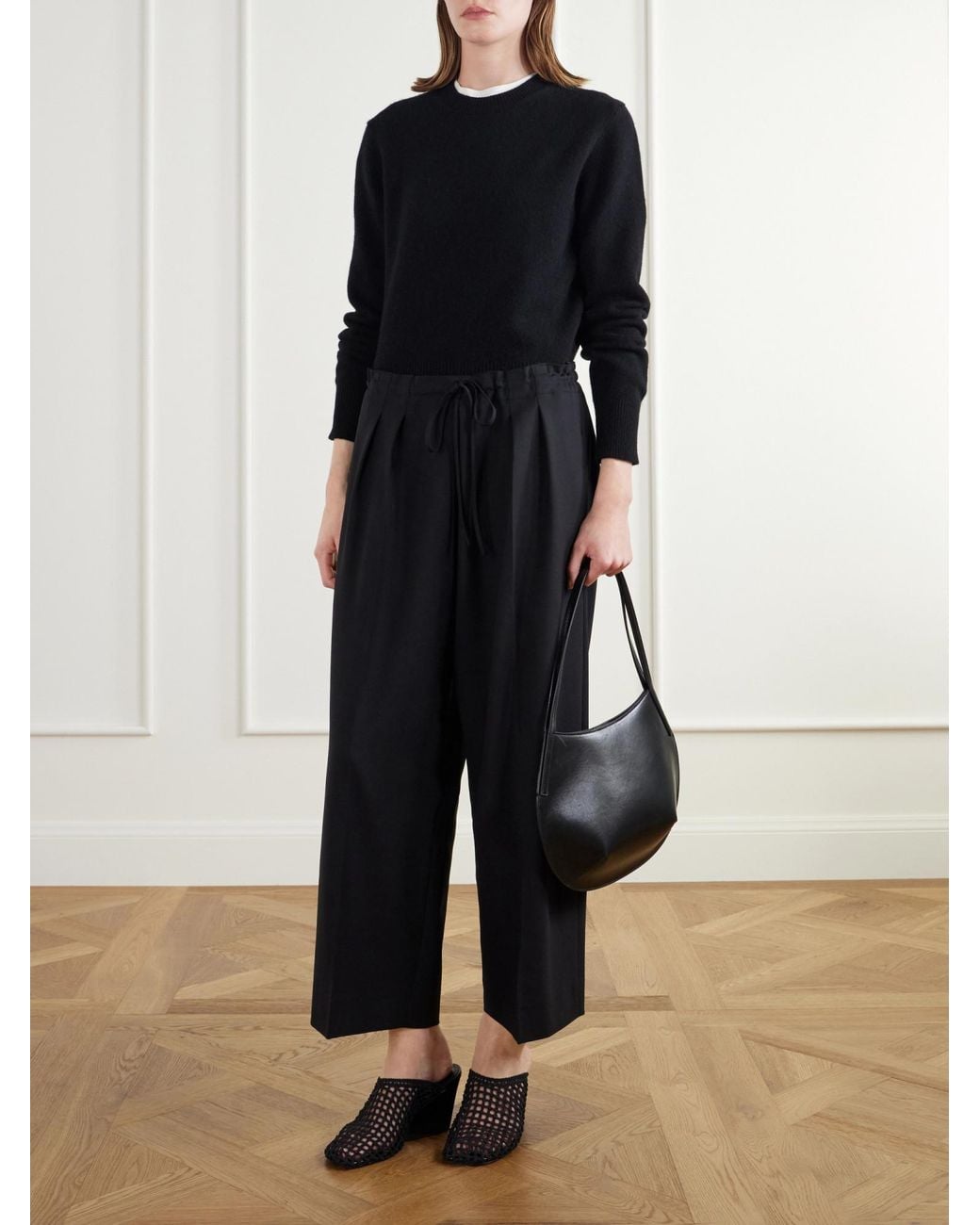 Maria McManus Black Cropped Drawstring Wool Wide-Leg Pants