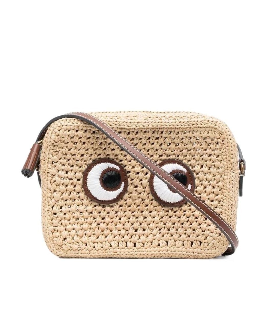 Anya Hindmarch Natural Eyes-Appliqué Woven Crossbody Bag