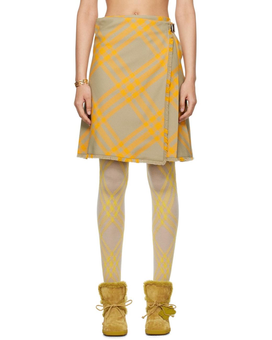 Burberry Yellow Check A-Line Kilt Skirt