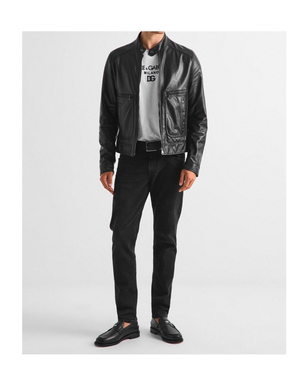 Dolce & Gabbana Black Stand-Collar Moto Leather Jacket for men