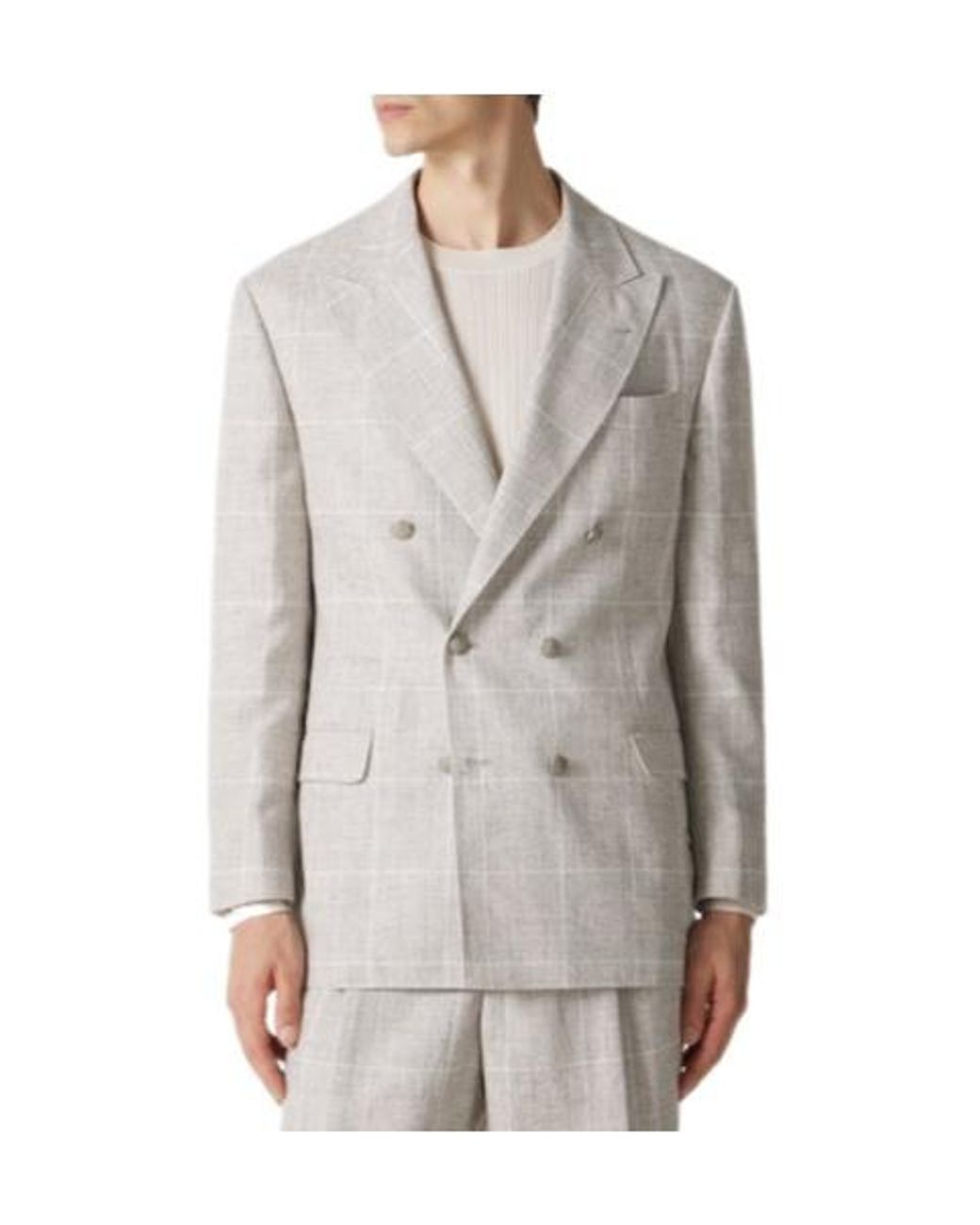 Brunello Cucinelli Gray Light Linen Check Double-Breasted Suit for men