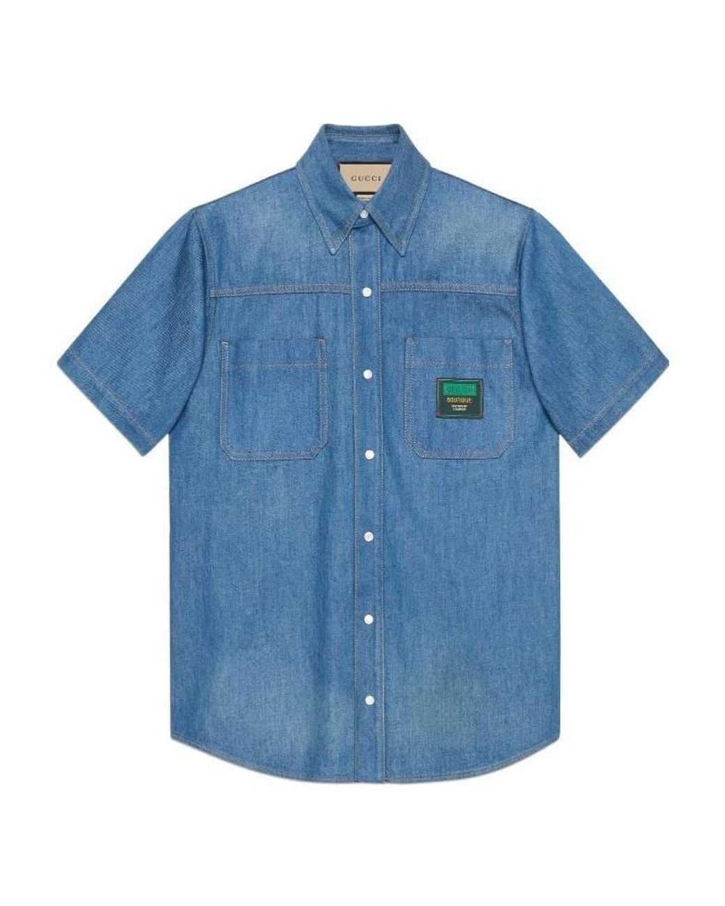 Gucci Blue Logo Patch Short-Sleeved Denim Shirt for men