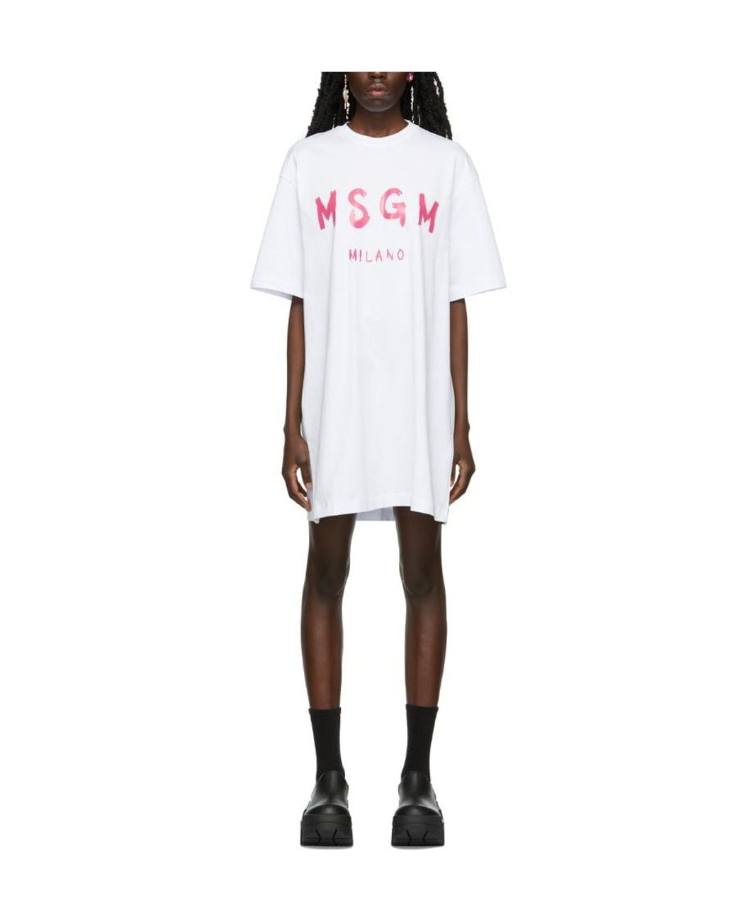 MSGM White Logo Print Round-Neck Dress