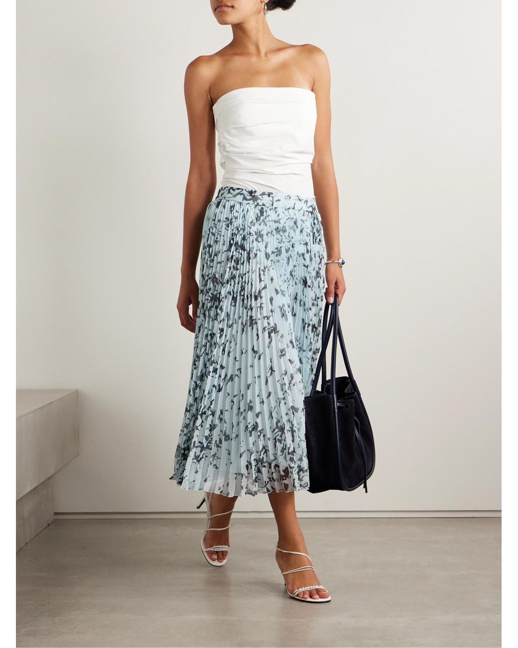 Proenza Schouler Blue Cecily Pleated Printed Crepon Midi Skirt