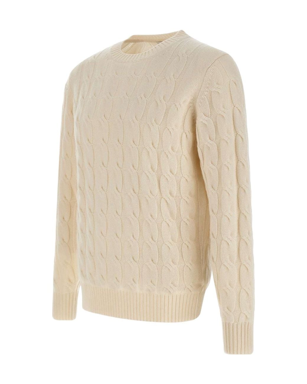 Kangra Cashmere White Kangra Cable-Knit Crew-Neck Knitted Sweater for men