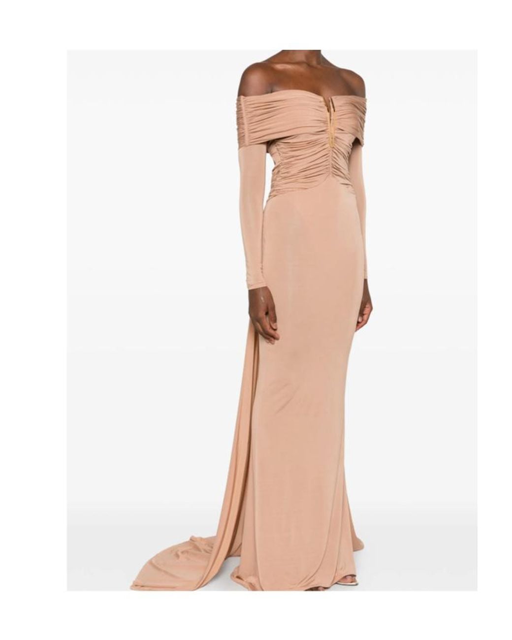 Elisabetta Franchi Natural Ruched Off-Shoulder Maxi Dress