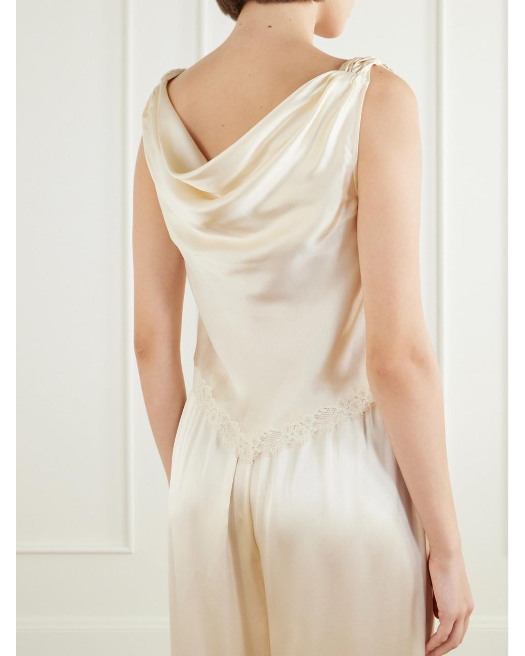 Doen White Gathered Lace-Trimmed Silk-Satin Top