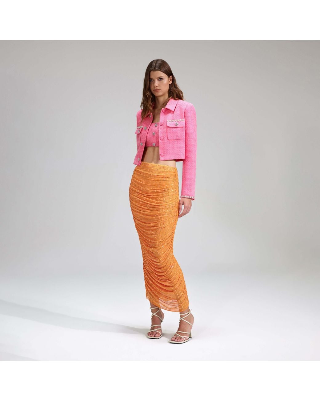 Self-Portrait Red High-Waist Embellished Ruched Midi Skirt