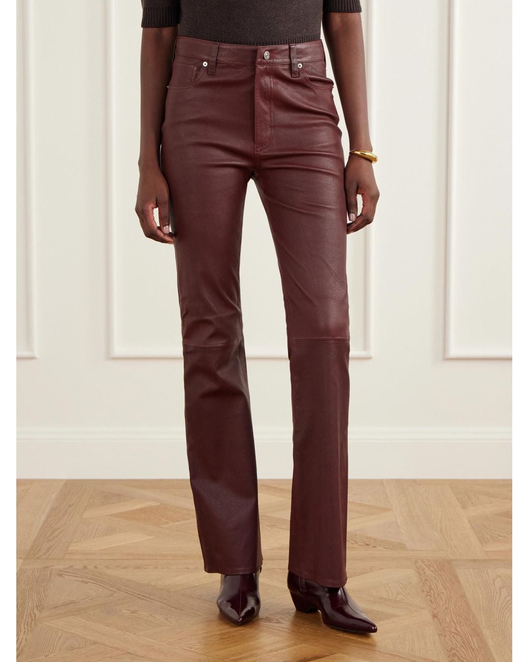 FRAME Purple High-Waisted Slim-Fit Lambskin Pants