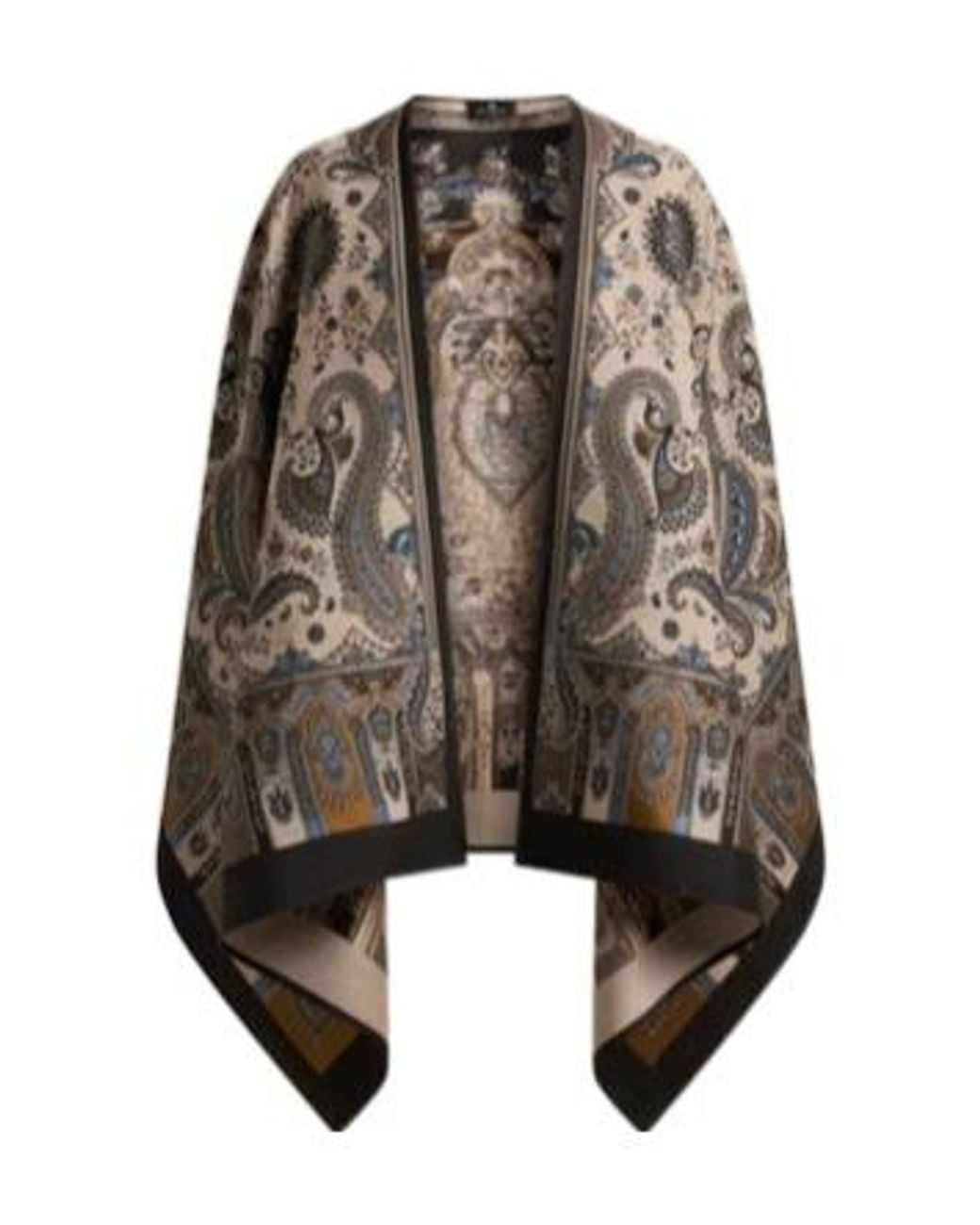 Etro Black Paisley Trim Poncho Shawl