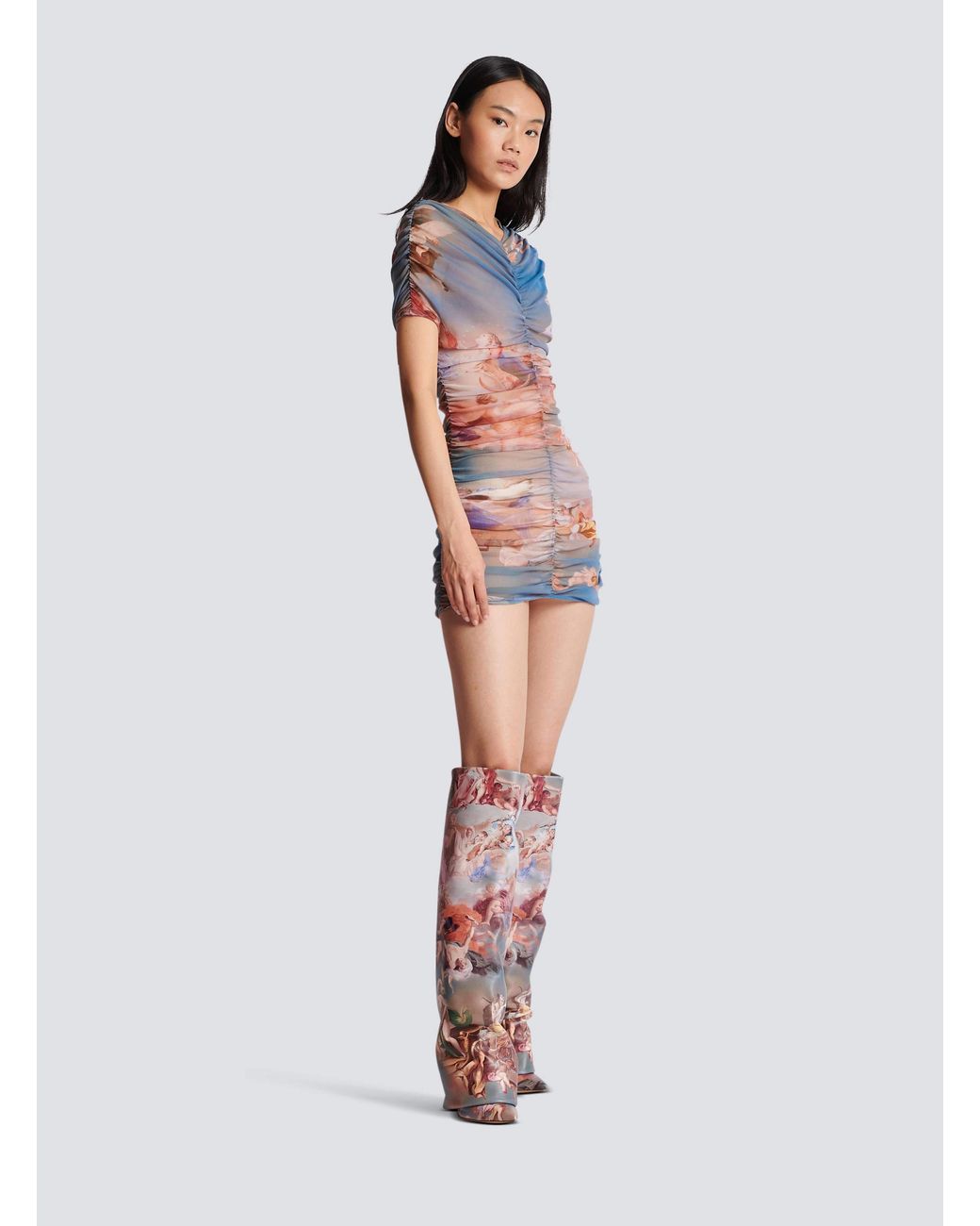 Balmain Blue Sky Printed Gathered Tulle Dress