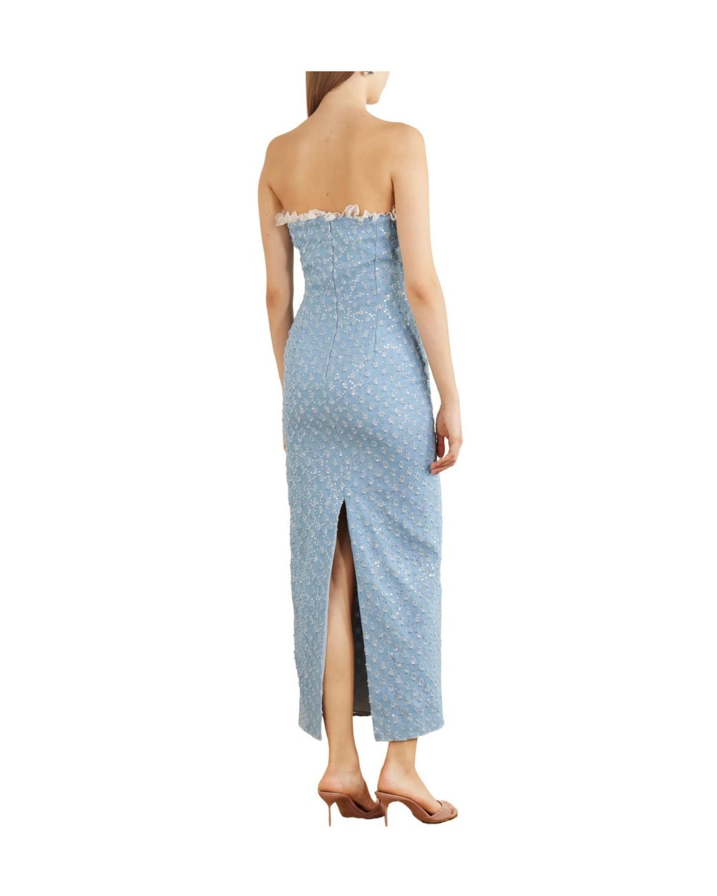Rodarte Blue Appliquéd Sequin-Embellished Lace-Trimmed Denim Midi Dress