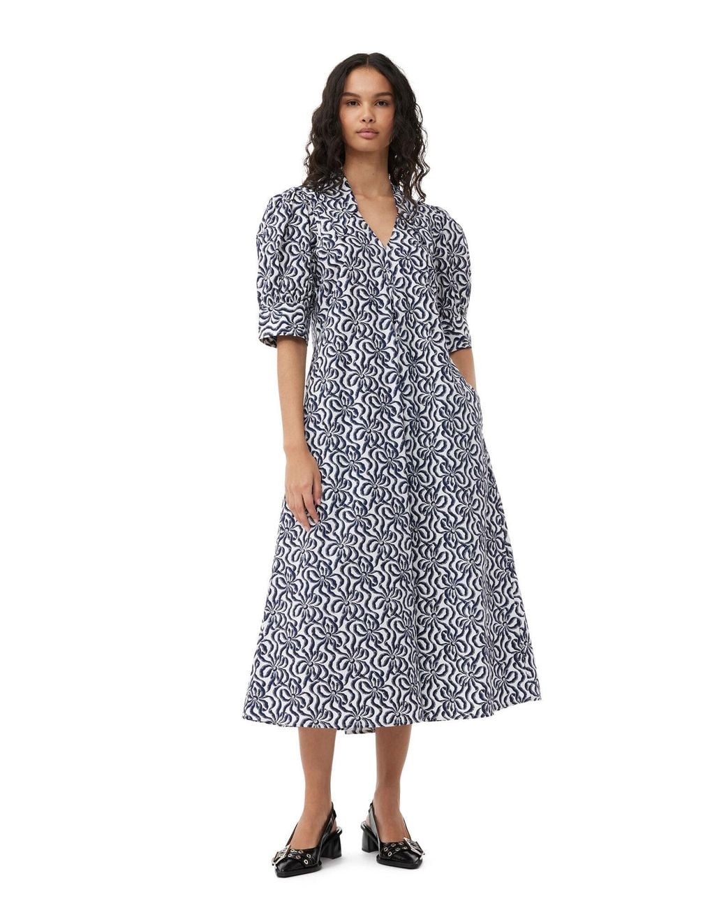 Ganni Blue Printed Cotton Poplin V-Neck Long Dress