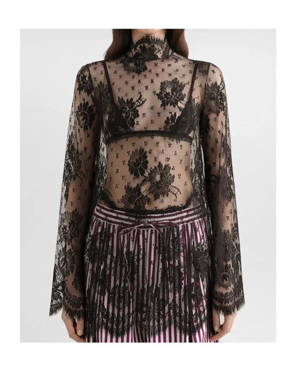 Dolce & Gabbana Black Mock-Neck Sheer Lace Long-Sleeve Mini Dress